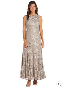 R&M Richards Taupe Lace Sequin Maxi Dress